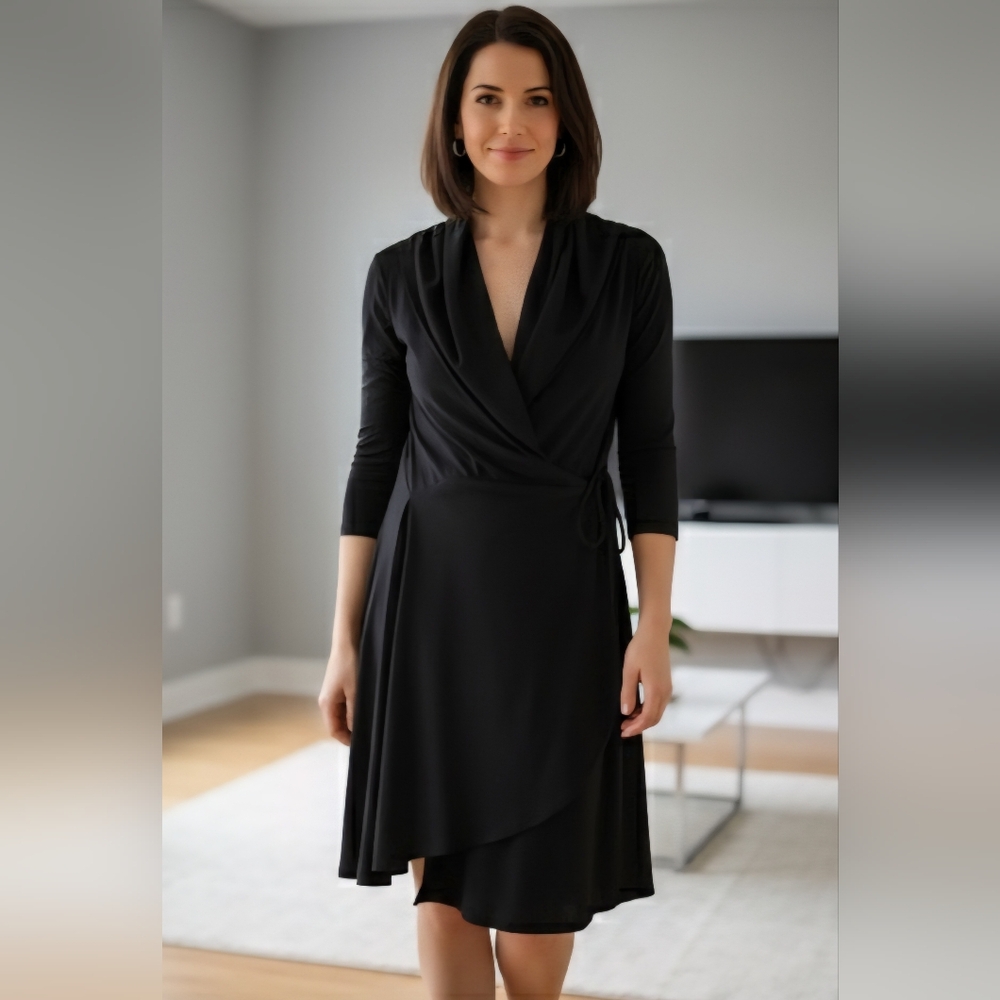 SYMPLI Black Wrap Dress with 3/4 Length Sleeves. Size 4.